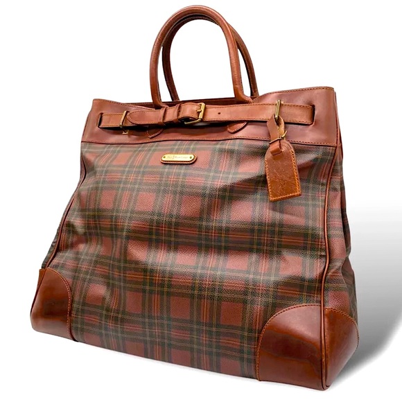 RALPH LAUREN Tartan Plaid Brown Green Doctors Bag Boston Weekend Travel Suitcase - Picture 9 of 17
